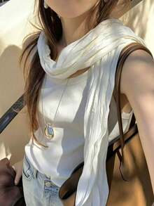 1pc Women's Solid Color Pleated Scarf, Spring/Summer Long Silk Scarf, Fashionable Unique Waist Accessory - White - View 13