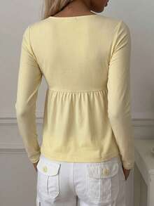 SCARLUX Fall Women Y2K V-Neck Lace Trim Long Sleeve Top, Bow Front Peplum Babydoll Tee, Back To School Daily Commute Outfit - Yellow - View 7