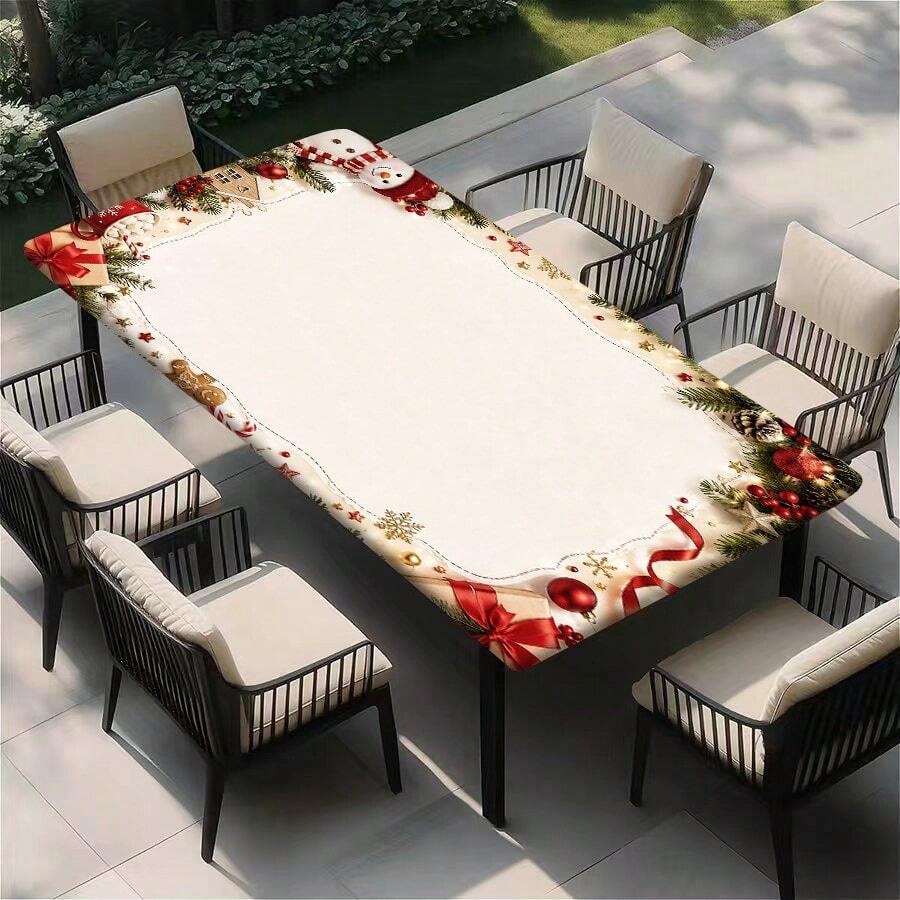 1pc Holiday Tablecloth, Center Blank Border With Snowman & Gingerbread Man Christmas Element Print, Polyester Waterproof Fabric, Indoor/Outdoor Christmas Party Decor, Easy To Clean, Suitable For Dining Table, Patio Table, Restaurant, Homestay, Create Lively American Christmas Atmosphere - A - View 1