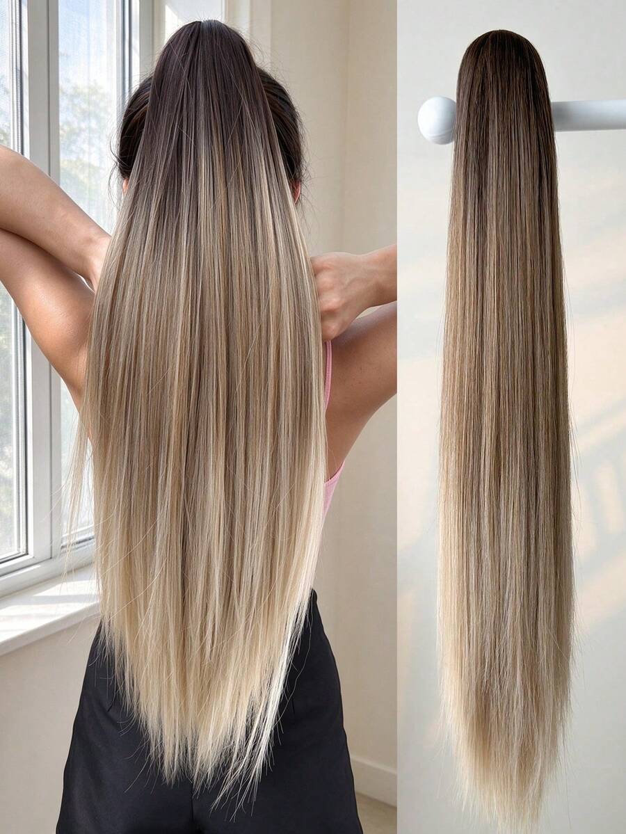 26 Inch Gradient Long Straight Claw Ponytail Hair Extension, Soft Natural Heat-Resistant Synthetic Fiber Wig, Suitable For Women And Girls Daily Use