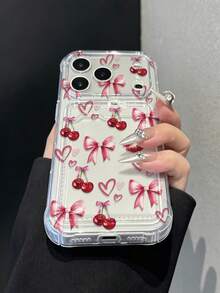 Phone Case - Transparent , HeartAnd Cherry Pattern Design Cherry Pattern Phone Case , Compatible With Iphone 18,17,16, 15, 14, 13, 12,11 Pro Max, XS, XR, Fashion Phone Case, Fashion Design, - Clear - View 2