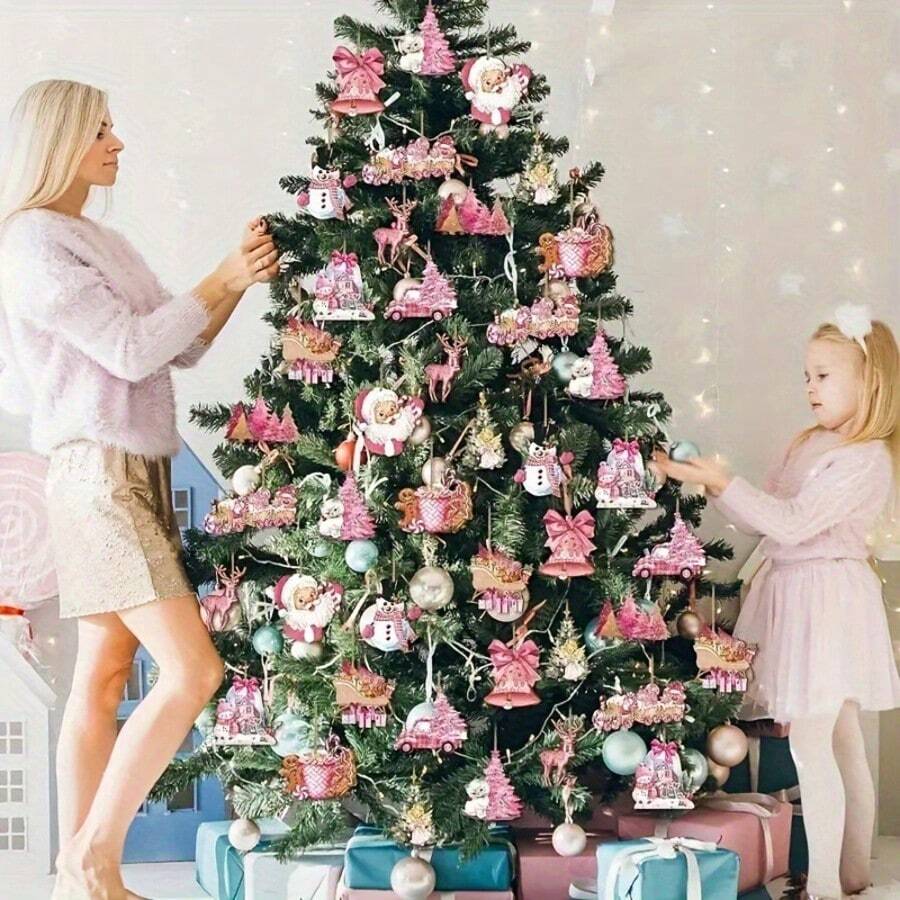 Pink Christmas Tree Hanging Decor Vintage Wooden Christmas Ornament Rustic Farmhouse Christmas Tree Hanging Decoration - Multicolor - View 1