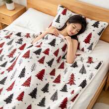 1PC White Base Red & Black Christmas Tree Snowflake Print Flannel Throw Blanket, Christmas Decor Blanket For Sofa - Multicolor - View 5