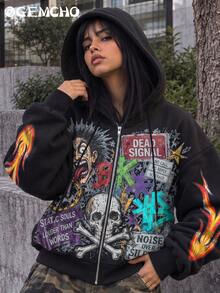GEMCHO Women's Black Printed Zip-Up Sweatshirt, Long Sleeve Skull & Flame Print, Drawstring Hood, Suitable For Back To School, Daily Wear & Casual Street Style - Black - View 4