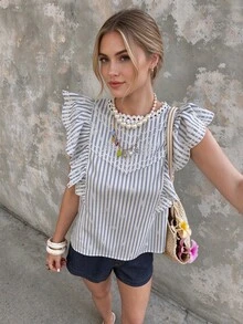 Spring/Summer Grey And White Striped Embroidered Ruffle Trim Blouse, French Vacation Style For Dating And Daily Wear - Multicolor - View 1