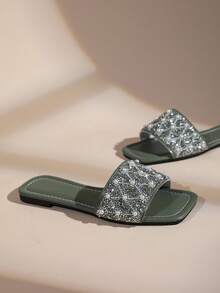 Women's Pearl & Rhinestone Square Toe Slide Sandals, Glitter Single Strap Flat Sandals, Suitable For Vacation & Party - Army Green - View 1