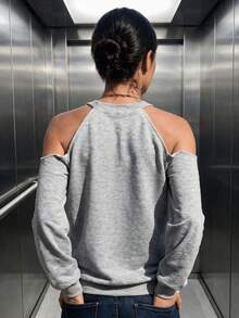 Women's Casual Open Shoulder Hollow Racing Collar Loose Sweatshirt, Suitable For Daily Wear, Autumn/Winter - Grey - View 6
