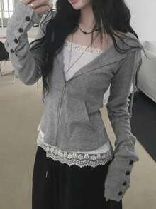 Short Cropped Waist Zipper Hoodie, Hot Girl Style Versatile Loose Fit Top Jacket - Grey - View 2