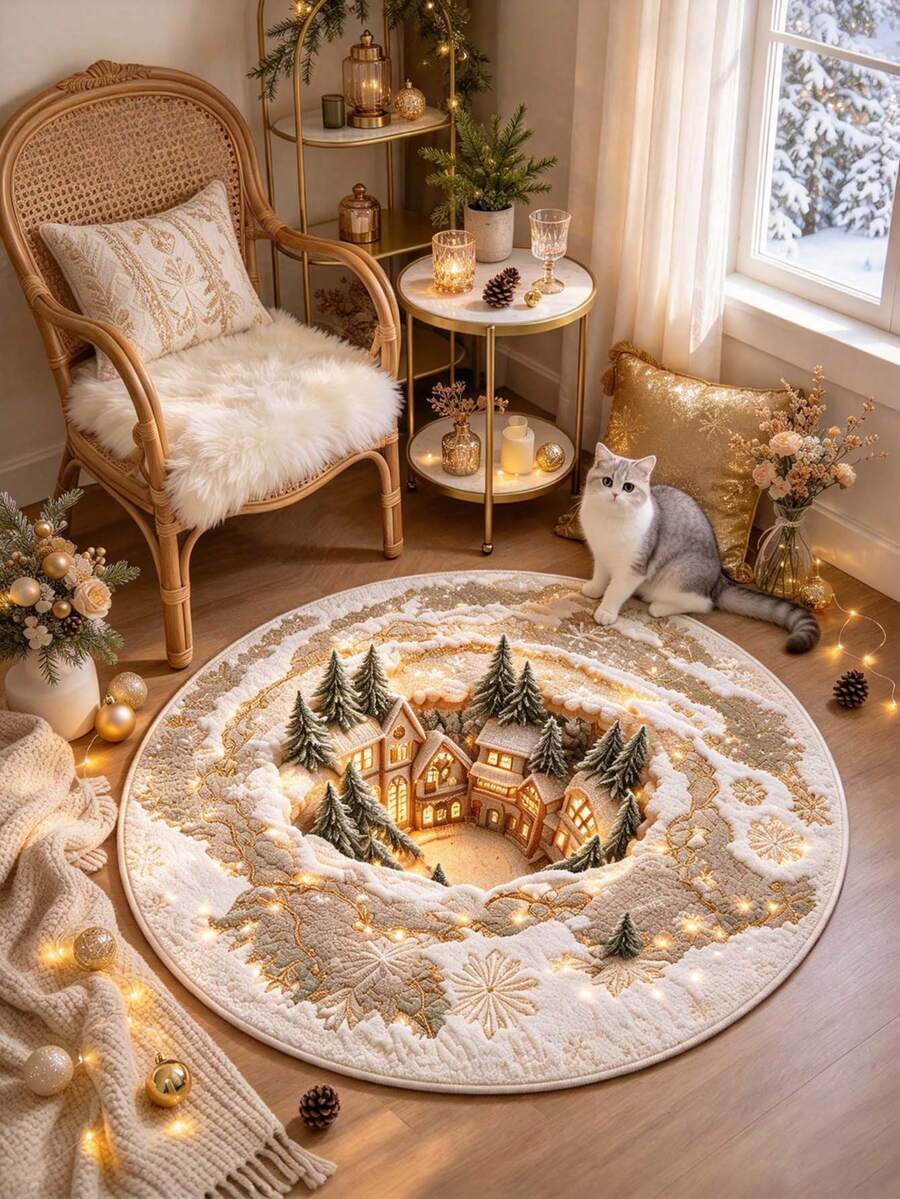 1pc Christmas Town Living Room Rug, Thickened Carpet, Plush Rug, Autumn/Winter Rug, Thickened Carpet, Living Room Rug, Carpet, Living Room Area Rug, Area Small Rug, Mat, Home Decor, Large Living Room Rug, Round Rug, Living Room Home Decor, Room Decor, Washable Rug - Multicolor - View 1