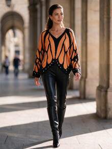 Women's Fashion Orange & Black Butterfly Wing Pattern Knit Pullover Sweater, Autumn Long Sleeve Asymmetrical Hem Top - Multicolor - View 3