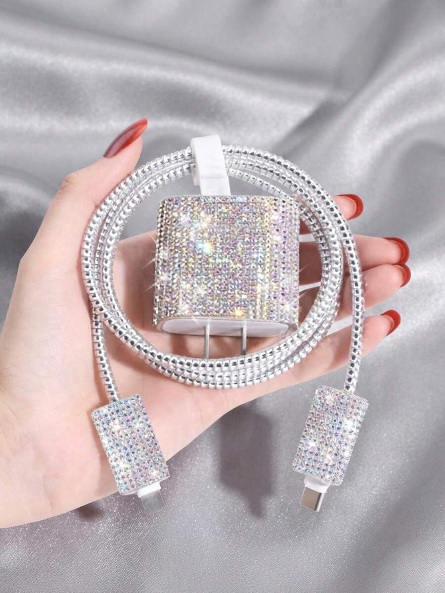 Set Casing Charger Bling 5 Buah, Kompatibel dengan Apple 11/12/13/14, Termasuk Stiker Berlian Berkilau, Pelindung Kabel - Bahan TPU, Kompatibel dengan Charger Apple 18W/20W - Beraneka warna - View 1