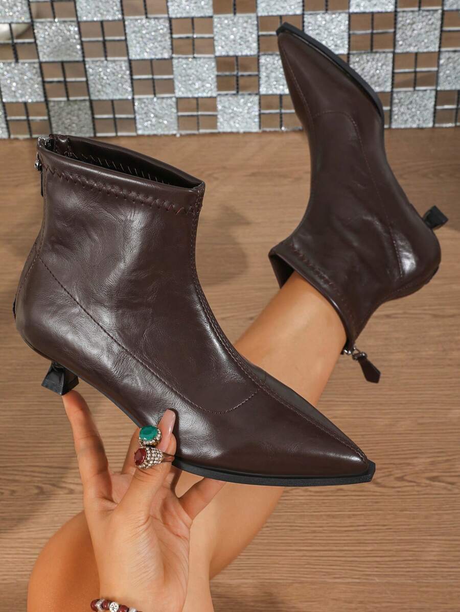 Women's Pointed Toe Ankle Boots, Minimalist Kitten Heel Side Zipper Fashion Boots, Versatile Ankle Boots For Autumn/Winter - Brown - View 1