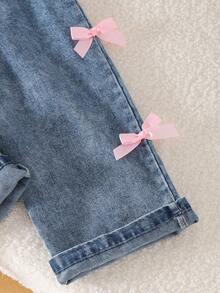 1pc Girls Casual Pink Bow Pocket Decor Overalls Long Pants Autumn - Blue - View 8