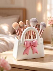 3D Printed Bow Bag Makeup Brush Holder, Multifunctional Desktop Storage Organizer, Cute Aesthetic Vanity Decor, Cosmetic Brush Container, Desk Pen Holder, Makeup Room Decor Gift - White - View 4