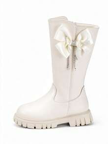 1 Pair Girls' White Mid-Calf Princess Boots, Bow, Rhinestone Chain Decoration, Faux Leather, Rubber Sole, Round Toe Anti-Slip, Autumn/Winter Style - White - View 4