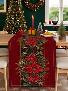 1Pc Christmas Poinsettia & Golden Bell Print Table Runner Red Vintage Holiday Table Decor Runner For Dining Room Home Xmas Party Decoration - Red - View 6