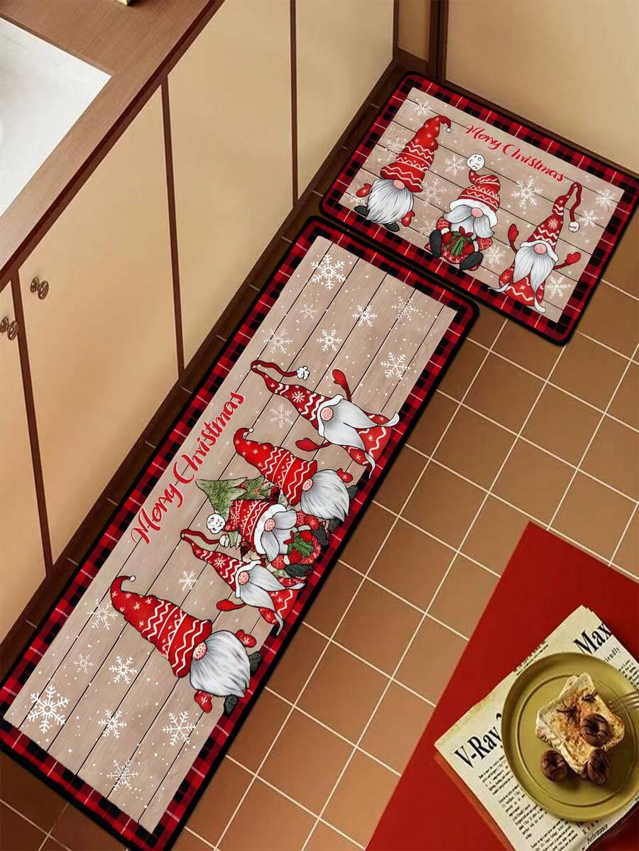 1pc Christmas Elf Wooden Board Pattern Diatom Mud Kitchen Mat, Cushioned Anti-Fatigue Absorbent Carpet, Rubber Non-Slip Bottom, Trimmable, Suitable For Kitchen, Bathroom, Entryway And Other Home Decor Scenarios - Multicolor - View 1