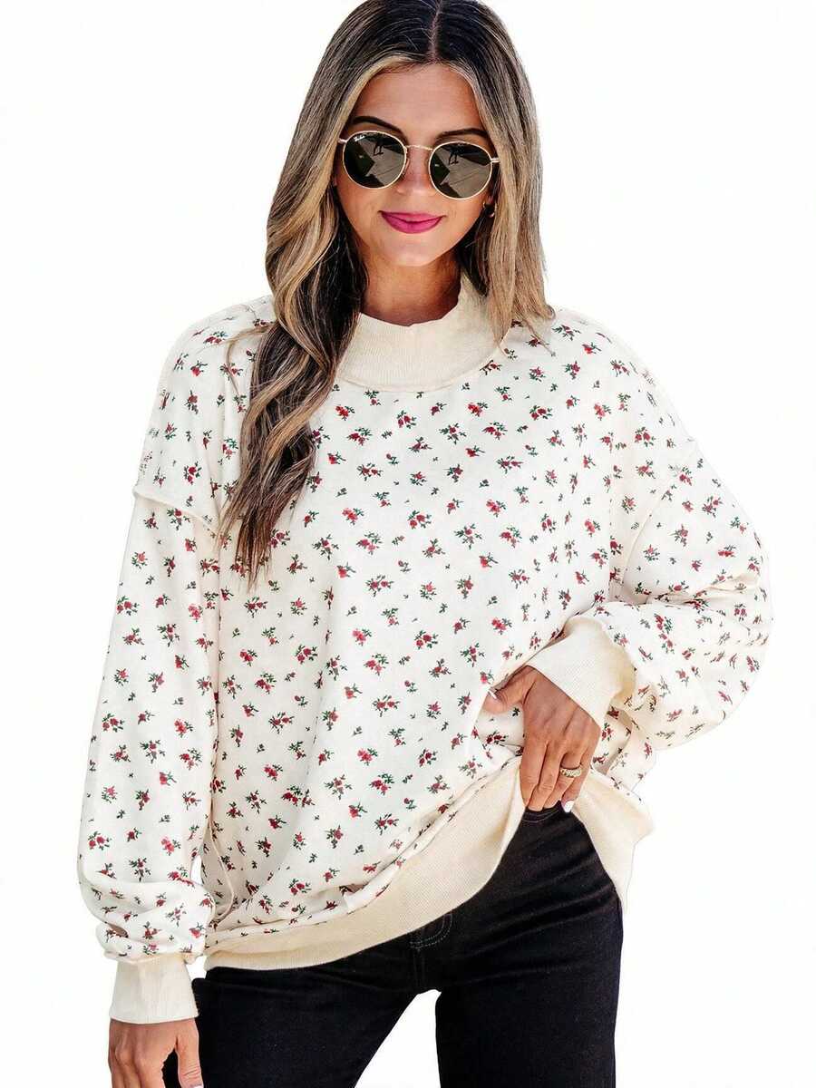 Acelitt Women's Floral Knit Sweatshirt, Ribbed Mock Neck, Dropped Shoulder Long Sleeve, Casual Daily Essential Vacation Style - Multicolor - View 1