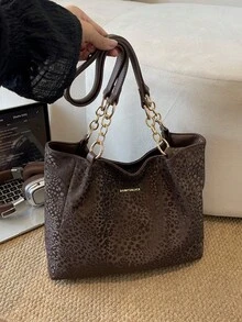 時尚豹紋 PU 材質女款托特包，高端精緻大容量收納肩背包/通勤包 - 咖啡棕 - 查看 8
