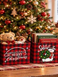 This Open-Style Santa Claus Storage Basket/Bin Features A Festive Red Plaid Design And Convenient Handles; Collapsible And Suitable For Storing Clothing, Accessories, And Cosmetics, It Is An Ideal Choice For Home Organization. - Multicolor - View 5