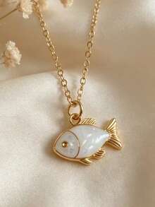1pc Vintage Elegant Small Fish Design White Enamel Shell Pearl Fashion Pendant Necklace, Suitable For Women's Daily, Party, Travel Jewelry Gift - Yellow Gold - View 5