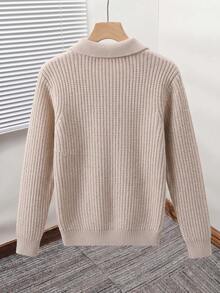 Sweater Polo Kerah Setengah Resleting untuk Anak Laki-Laki Remaja, Model Retro Fashion Musim Gugur/Dingin, Pullover Rajut Longgar Lembut, Serbaguna untuk Kampus dan Pakaian Sehari-hari - Aprikot - View 2