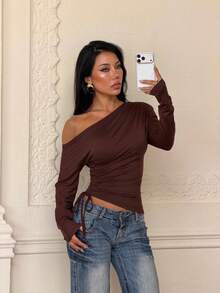 Fall One-Shoulder Long-Sleeved Form-Fitting Brown Top,Going Out,Homecoming - Brown - View 6