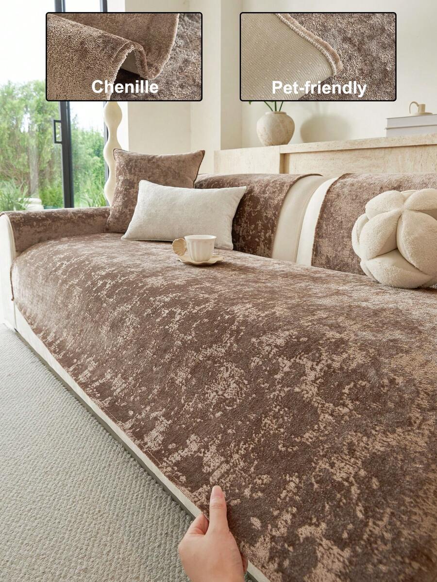 1PC Chenille Fabric Solid Color Sofa Cushion, All-Season Anti-Slip Pet-Friendly Sofa Cover, Minimalist Modern Style Non-Fading Machine Washable, Old Sofa Refresh Holiday Decor, Suitable For 1-4 Seater Sofa Armrest Backrest - Khaki - View 1