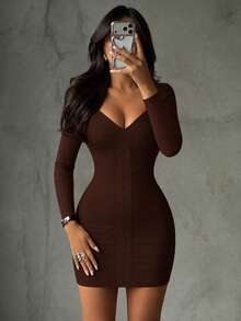 Elegant Fall Winter V Neck Mini Bodycon Ribbed Dress Sexy Brown Bandage Dress Night Out Evening Cocktail Party Dress For Women - Brown - View 3