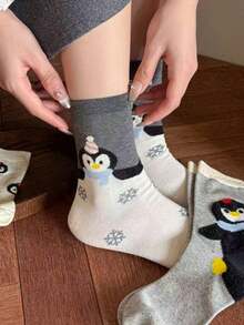 1/4/8 Pairs Random Cute Cartoon Animal Penguin Pattern Comfortable Breathable Mid-Calf Socks For Women - Multicolor - View 5