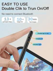 1pc Universal Capacitive Stylus Pen, Compatible With IOS And Android Tablets And Smartphones, Equipped With 2* Pen Tips, Supports Writing, Touch, Drawing, Note-Taking, With Status Indicator Light, Magnetic Attachment, 90mAH Built-In Lithium Battery - Black - View 6