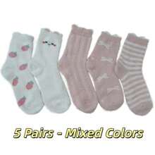 5/10 Pairs Women's Plush Mid-Calf Socks - Cute Strawberry Bow & Striped Pattern, Soft Warm Fuzzy Socks, Comfortable Winter Gift Set - Multicolor - View 9