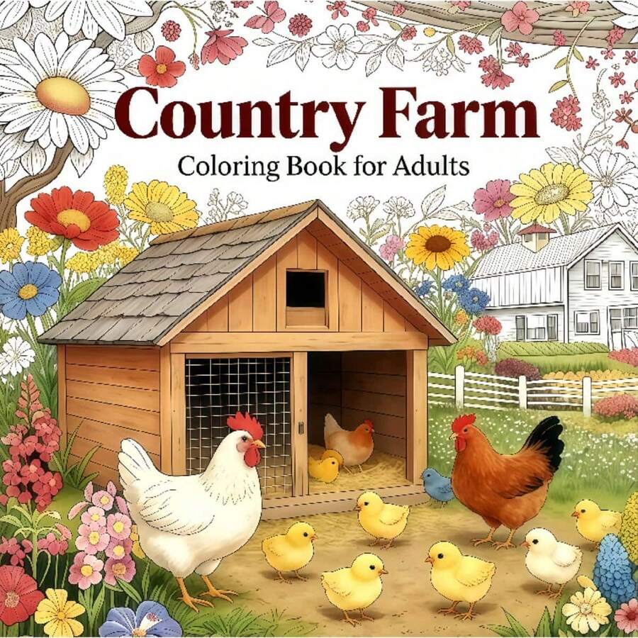 1 Adult Coloring Book Country Farm, Country Farmhouse & Orchard Coloring Pages, Rustic Country Farm Animals & Harvest Scenes, Great Gift For Nature Lovers - Country Farm - View 1