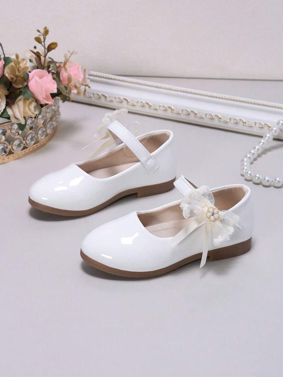 Giày búp bê công chúa đế bệt bóng cho bé gái, phối lưới hoa, đế mềm chống trượt, giày đa năng cho bé gái đi tiệc và biểu diễn - trắng - Xem 1