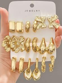 3-9 Pairs Thick Gold Plated Earrings Set, Women's Hypoallergenic Thick Gold Earrings, Multi-Element New Fashion Earrings Set - Gold - View 1