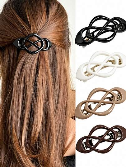 4pcs 8.1cm Black White Khaki Brown Solid Color Spring Hair Claw Clips, Women's Minimalist Luxury Elegant Hair Accessories, Versatile All-Match Style For Daily Wear, Commuting, Party, Beach, Vacation, Face Washing, Makeup, Ponytail, Side Hair Clip