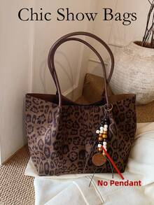Tas Tote Suede Motif Leopard Wanita, Tas Bahu Besar, Gaya Vintage Bohemian, Cocok untuk Kerja, Perjalanan, dan Perjalanan Sehari-hari (Tanpa Liontin) - Coklat - View 12
