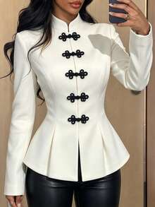 Women's Autumn/Winter White Elegant Shirt, New Chinese Style Black Frog Button Contrast Color Stand Collar Long Sleeve Thin Outerwear, Women's Formal Office Daily Casual Outing Commute Top, Vacation Holiday Beach Outfit, Women's Halloween Christmas Costume, Wedding Guest Attire - White - View 1