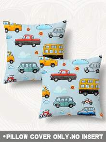 1/2pcs Vintage Cartoon Car And Bus Design Pillowcases With Zipper Closure - Perfect For Sofa, Bedroom, Patio Decor, Decorative Lumbar Pillow, Cushion Cover, No Pillow Insert - Foggy Sky, Light Blue - View 9