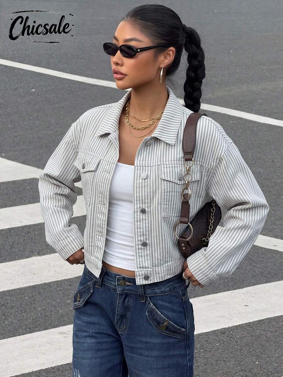 Women's Lapel White & Gray Striped Denim Jacket - White - View 1