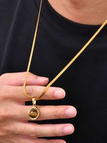 1pc Stainless Steel Asymmetrical Black Agate Tiger Eye Stone Pendant Gold/Silver Necklace For Men, Christmas Gift, Jewelry, Accessory - 2189 - View 2