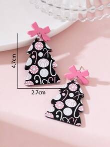 1 Pair Christmas Tree Creative Pink & Black Enamel Design Fashion Earrings For Women, Suitable For Christmas Holiday Wear And Gift - Multicolor - View 4