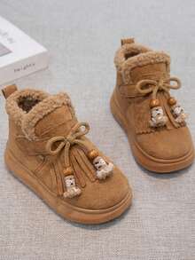 Girls' Tassel Decor Thermal Lined Ankle Boots, Hook And Loop Closure, Fuzzy Collar, Warm And Comfortable For Autumn/Winter - Camel - View 3