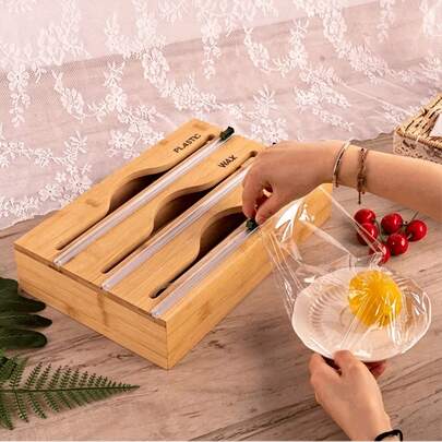 1pc Bamboo Cling Film Dispenser, 3-In-1 Aluminum Foil And Cling Film Storage Box, Suitable For Kitchen And Back To School Season