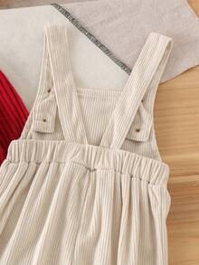 2pcs Baby Girl Sweet Cool Street Style Solid Color Ribbed High Neck Top & Strawberry Decor Corduroy Overalls Set, Thin Spring/Autumn - Burgundy - View 8