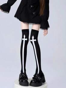 Long Cross Print Knee-High Socks Black And White, Gothic Style Fashionable And Cute, Suitable For Daily Dates, Spring/Autumn Commute And Halloween - Multicolor - View 1