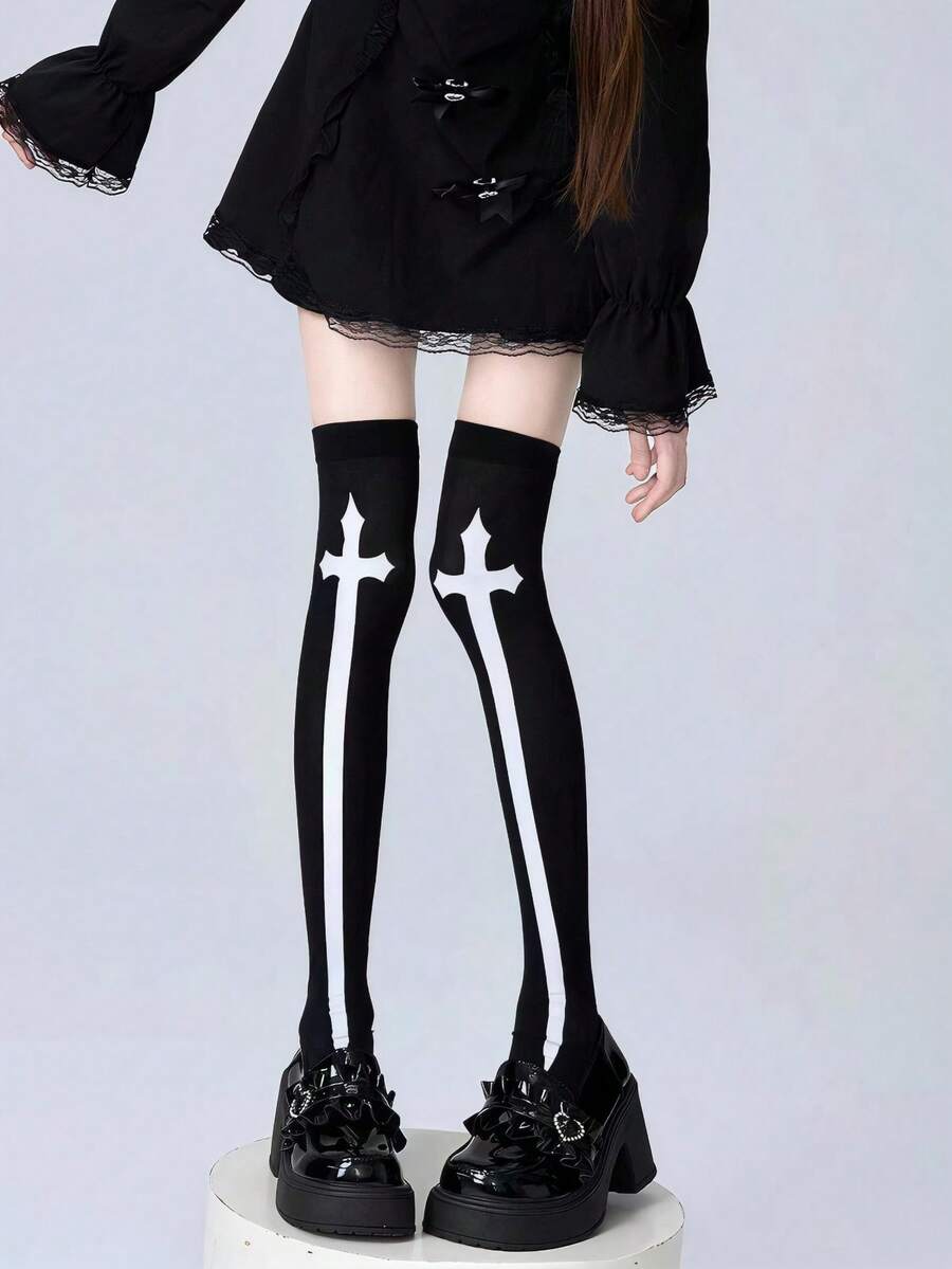 Long Cross Print Knee-High Socks Black And White, Gothic Style Fashionable And Cute, Suitable For Daily Dates, Spring/Autumn Commute And Halloween - Multicolor - View 1