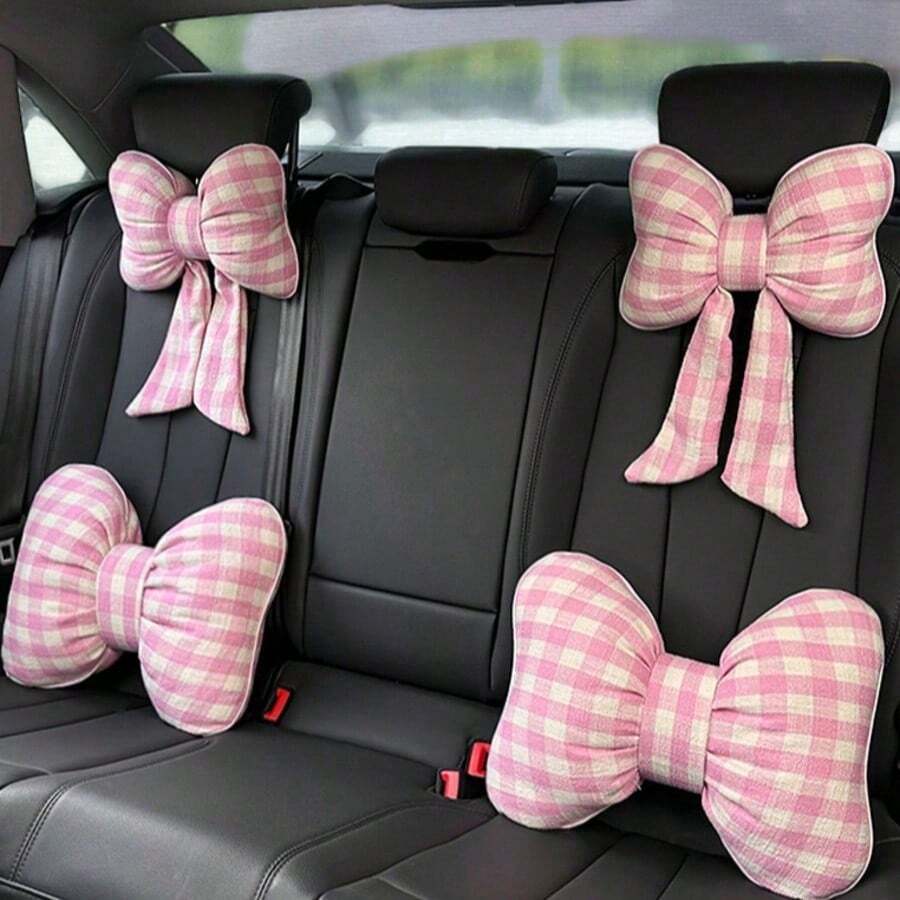 1 Car Headrest Lumbar Support Cushion, Plaid Bow Ribbon Seat Cushion Pillow, Four Seasons Universal Goddess Lumbar Support Cushion