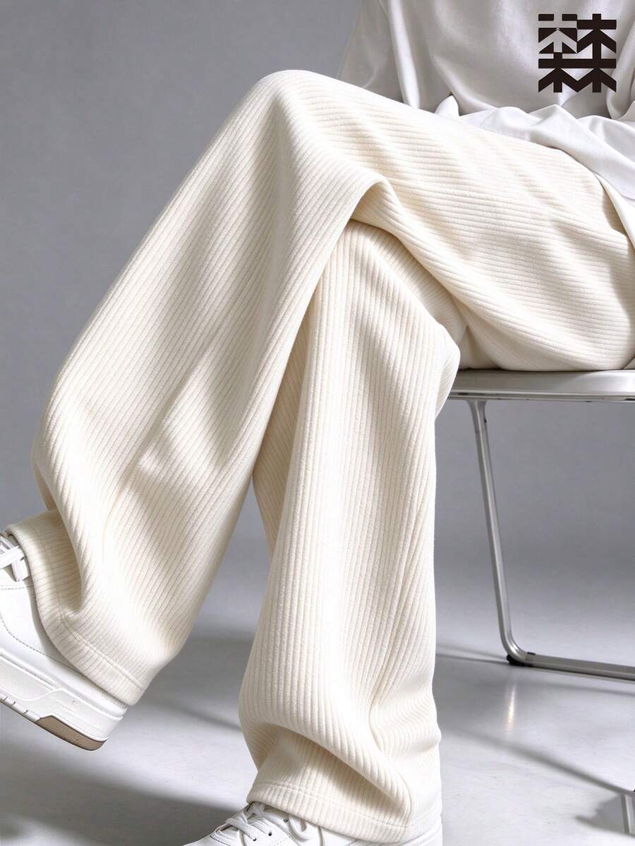 mulinsen Men's Corduroy Wide Leg Casual Pants, Colorblock Drawstring Elastic Waist Loose Drape Long Pants, Pocket Design Street Style - Apricot - View 1