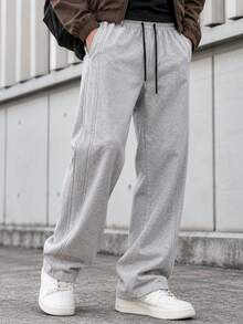 Men's Drawstring Elastic Waist Multi-Pocket Cargo Joggers, Casual Loose Fit Ribbed Cuff Sweatpants, Suitable For Outdoor And Daily Wear - Light Grey - View 1